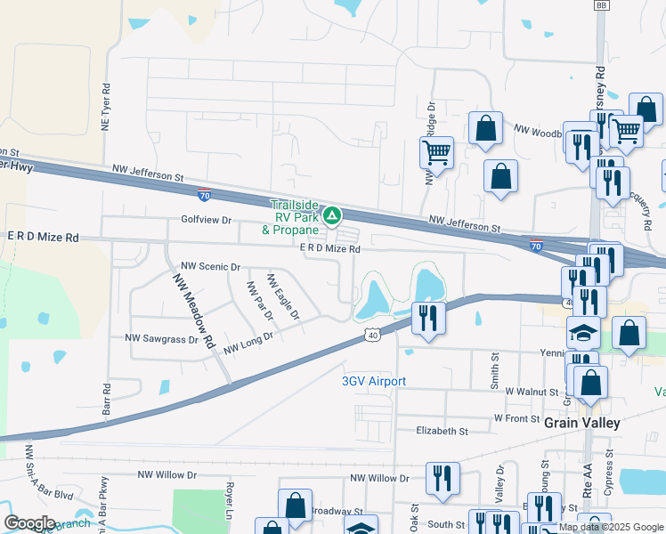 map of restaurants, bars, coffee shops, grocery stores, and more near 822 Northwest Valley Woods Drive in Grain Valley