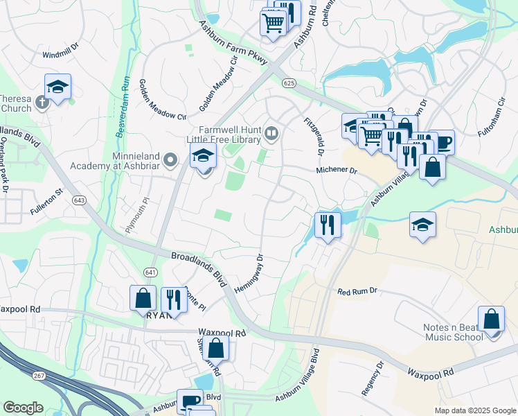 map of restaurants, bars, coffee shops, grocery stores, and more near 21548 Kouros Court in Ashburn