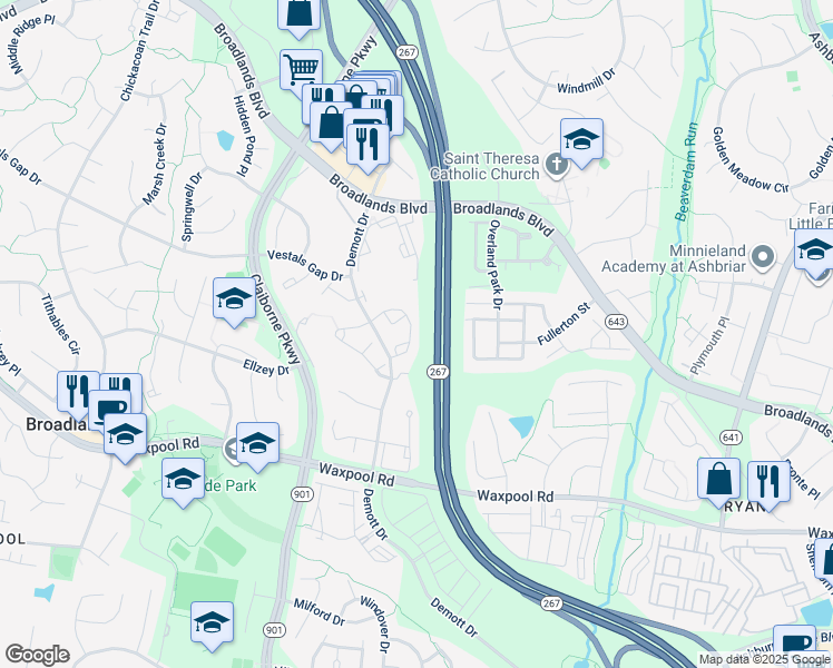map of restaurants, bars, coffee shops, grocery stores, and more near 21568 Iredell Terrace in Broadlands