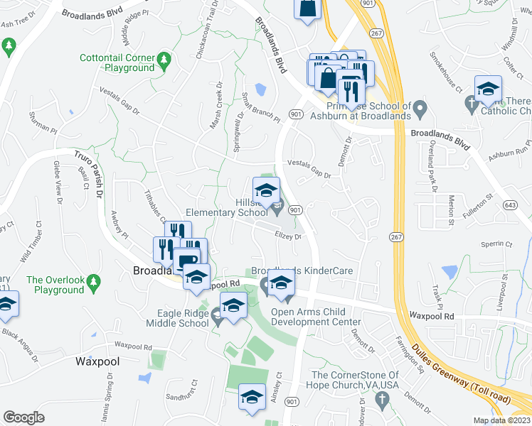 map of restaurants, bars, coffee shops, grocery stores, and more near 43000 Ellzey Drive in Ashburn