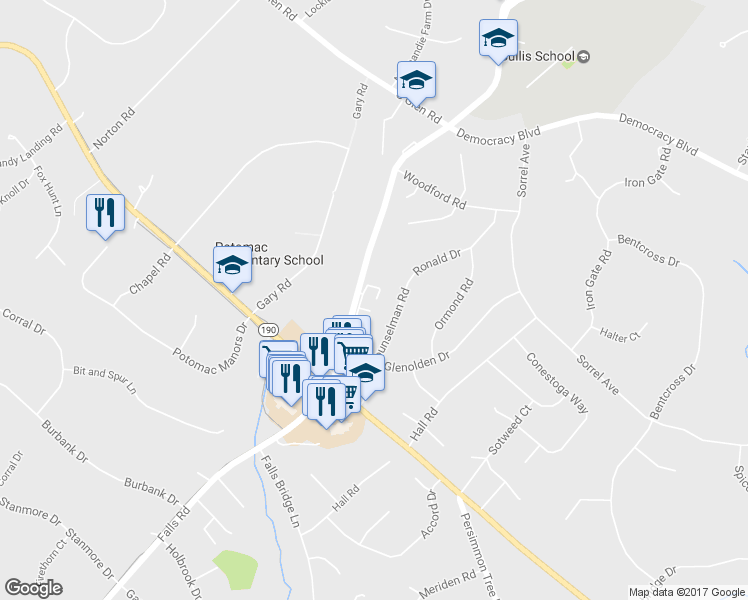 map of restaurants, bars, coffee shops, grocery stores, and more near 10029 Gable Manor Court in Potomac