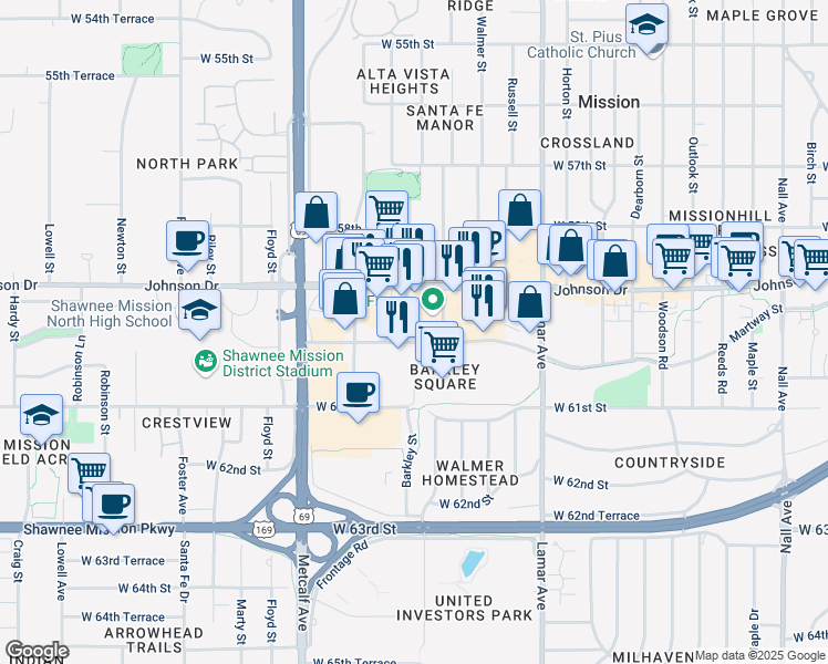 map of restaurants, bars, coffee shops, grocery stores, and more near 5959 Barkley Street in Mission