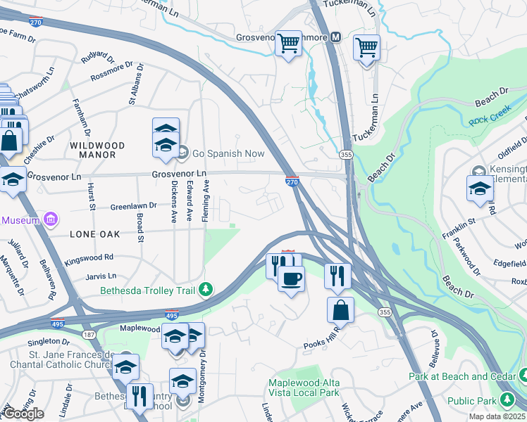map of restaurants, bars, coffee shops, grocery stores, and more near 428 Barlow Place in Bethesda