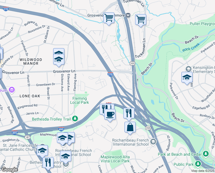 map of restaurants, bars, coffee shops, grocery stores, and more near 5340 Merriam Street in Bethesda