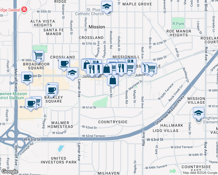 map of restaurants, bars, coffee shops, grocery stores, and more near 5934 Woodson Road in Mission