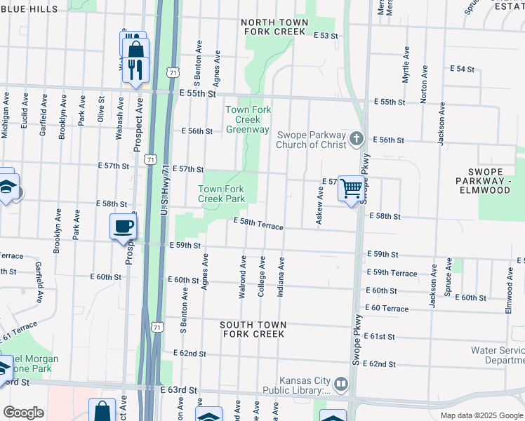 map of restaurants, bars, coffee shops, grocery stores, and more near 5748 College Avenue in Kansas City