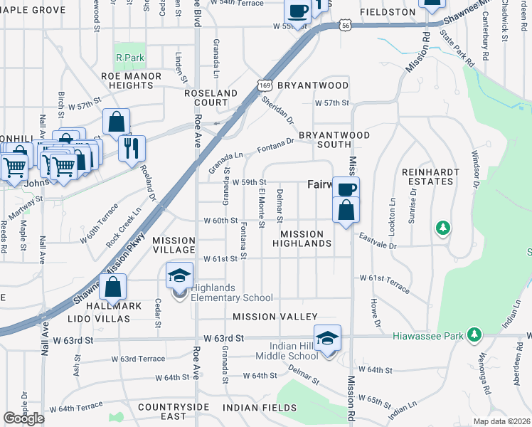 map of restaurants, bars, coffee shops, grocery stores, and more near 5932 Delmar Street in Fairway