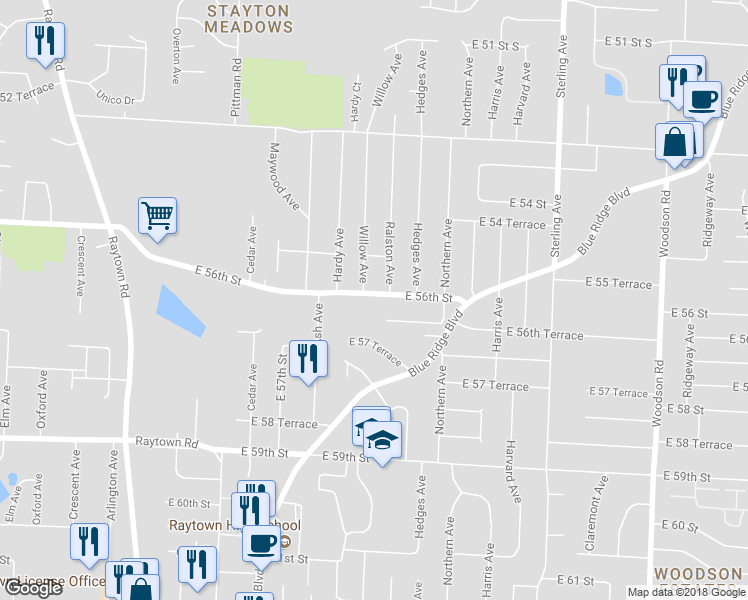 map of restaurants, bars, coffee shops, grocery stores, and more near 10511 East 56th Street in Raytown