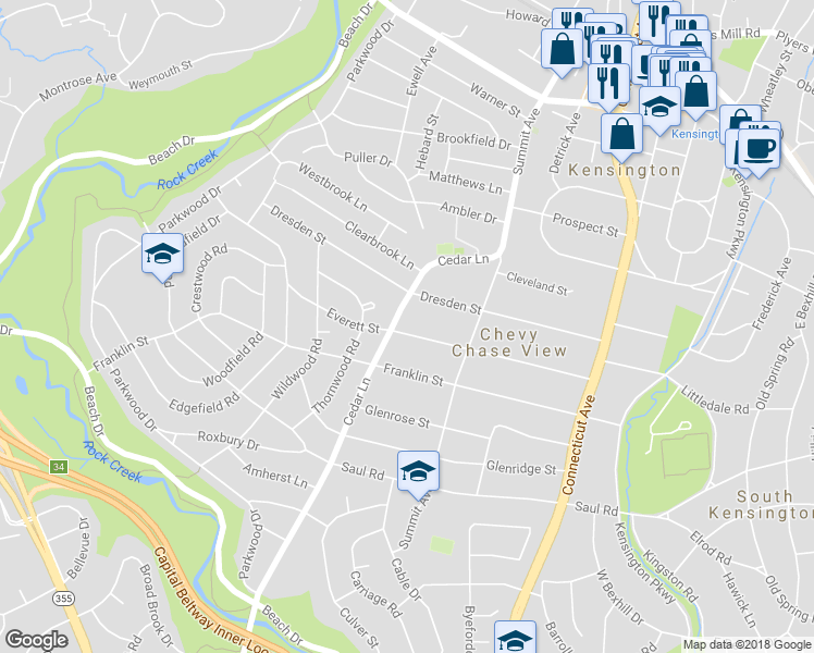 map of restaurants, bars, coffee shops, grocery stores, and more near 4229 Everett Street in Kensington