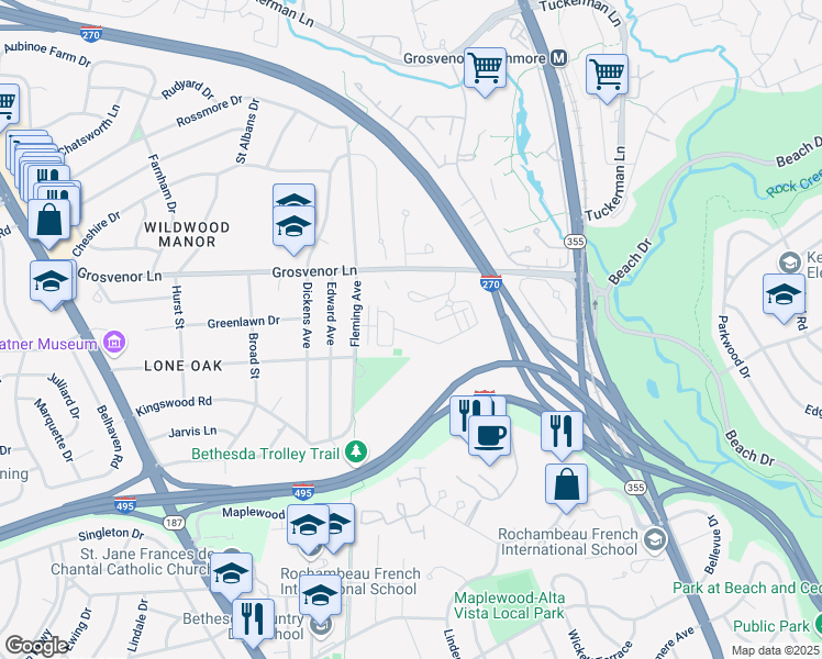 map of restaurants, bars, coffee shops, grocery stores, and more near 5441 Merriam Street in Bethesda