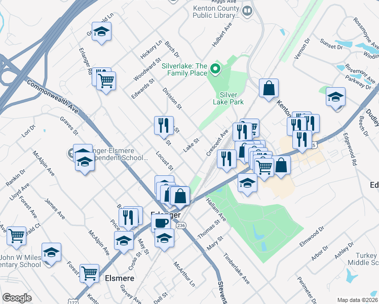 map of restaurants, bars, coffee shops, grocery stores, and more near 29 Clay Street in Erlanger