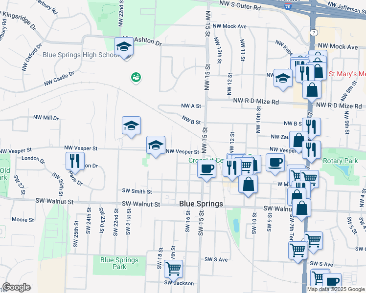 map of restaurants, bars, coffee shops, grocery stores, and more near 308A Northwest 16 Street in Blue Springs