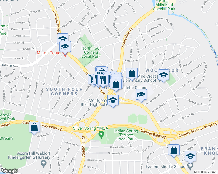 map of restaurants, bars, coffee shops, grocery stores, and more near 10110 Colesville Road in Silver Spring