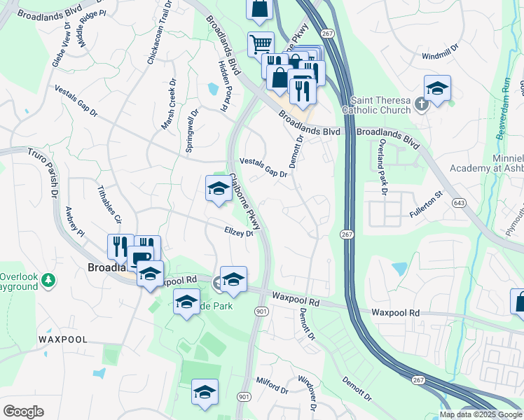 map of restaurants, bars, coffee shops, grocery stores, and more near 21542 Harvest Green Terrace in Broadlands