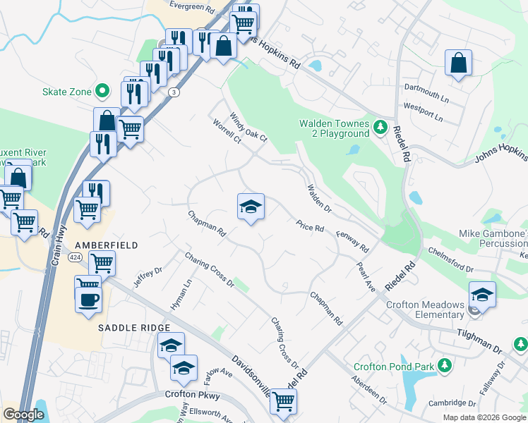 map of restaurants, bars, coffee shops, grocery stores, and more near 1606 Clarks Court in Crofton