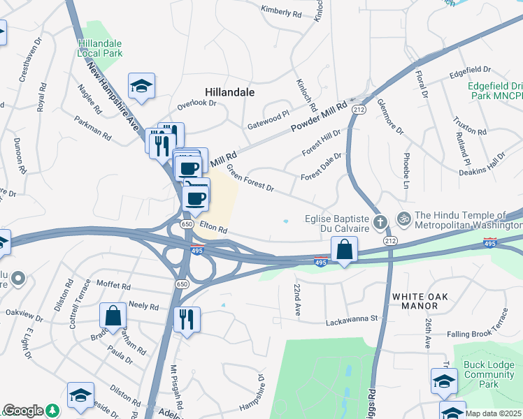 map of restaurants, bars, coffee shops, grocery stores, and more near 10118 Avenel Gardens Lane in Silver Spring