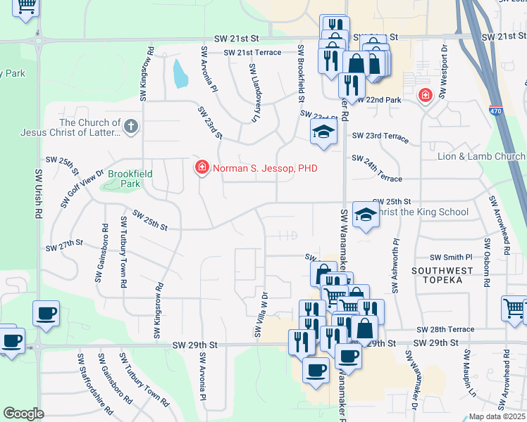 map of restaurants, bars, coffee shops, grocery stores, and more near 6212 Southwest 26th Street in Topeka