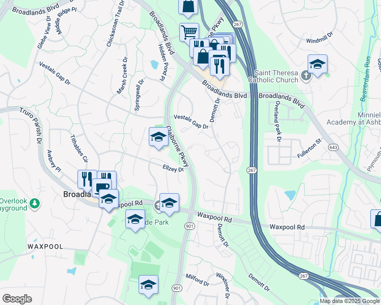 map of restaurants, bars, coffee shops, grocery stores, and more near 21542 Harvest Green Terrace in Broadlands