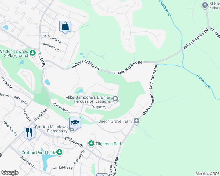 map of restaurants, bars, coffee shops, grocery stores, and more near 1543 Hornbeam Drive in Crofton