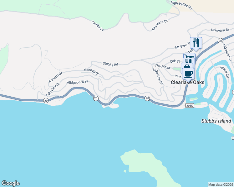 map of restaurants, bars, coffee shops, grocery stores, and more near 12060 State Highway 20 in Clearlake Oaks