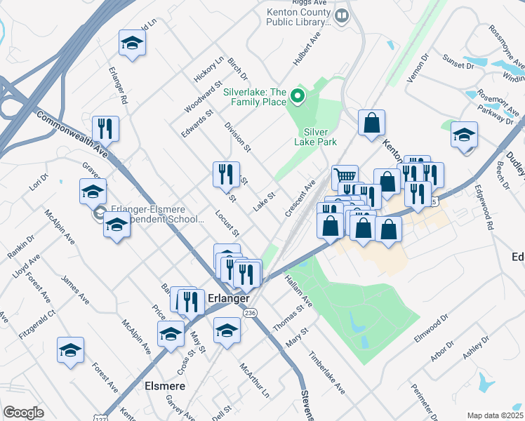 map of restaurants, bars, coffee shops, grocery stores, and more near 29 Clay Street in Erlanger