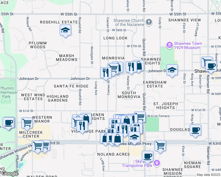 map of restaurants, bars, coffee shops, grocery stores, and more near 5926 Caenen Street in Shawnee