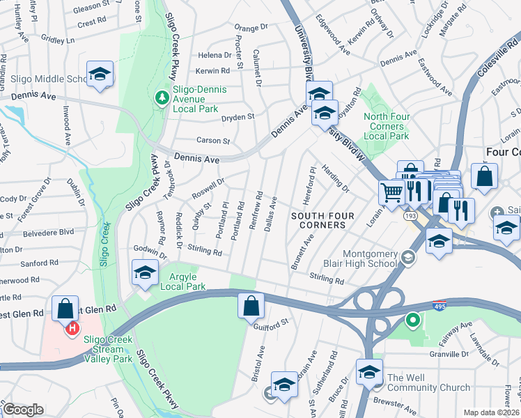 map of restaurants, bars, coffee shops, grocery stores, and more near 10029 Renfrew Road in Silver Spring