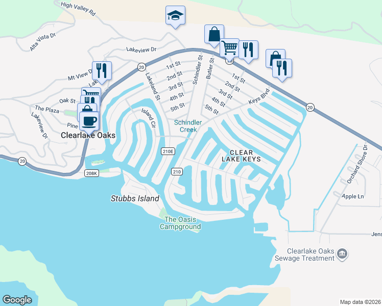 map of restaurants, bars, coffee shops, grocery stores, and more near 588 Keys Blvd in Clearlake Oaks