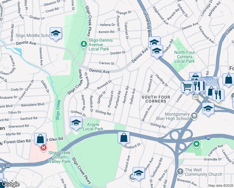 map of restaurants, bars, coffee shops, grocery stores, and more near 10102 Portland Road in Silver Spring