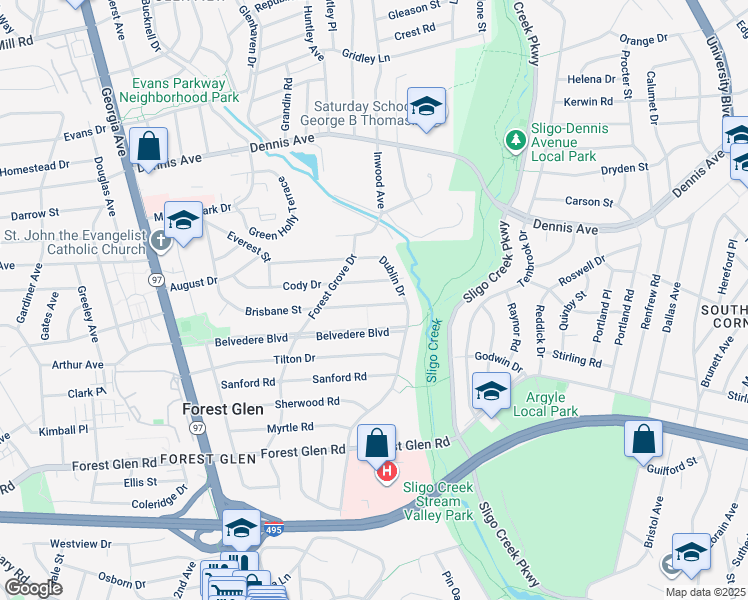 map of restaurants, bars, coffee shops, grocery stores, and more near 1611 Brisbane Street in Silver Spring