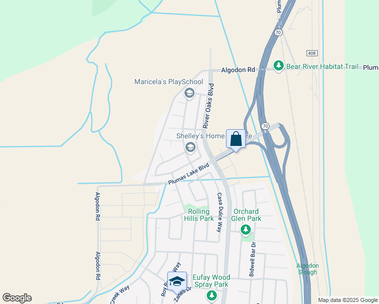 map of restaurants, bars, coffee shops, grocery stores, and more near 2323 Independence Trail in Olivehurst