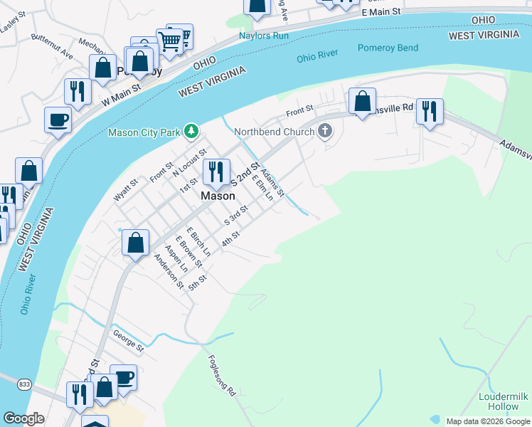map of restaurants, bars, coffee shops, grocery stores, and more near 804 4th St in Mason