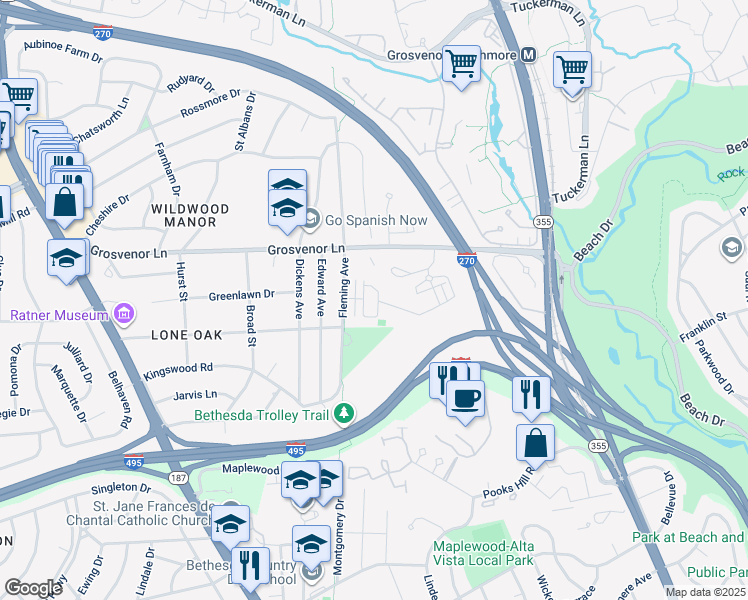 map of restaurants, bars, coffee shops, grocery stores, and more near 121 Winsome Circle in Bethesda