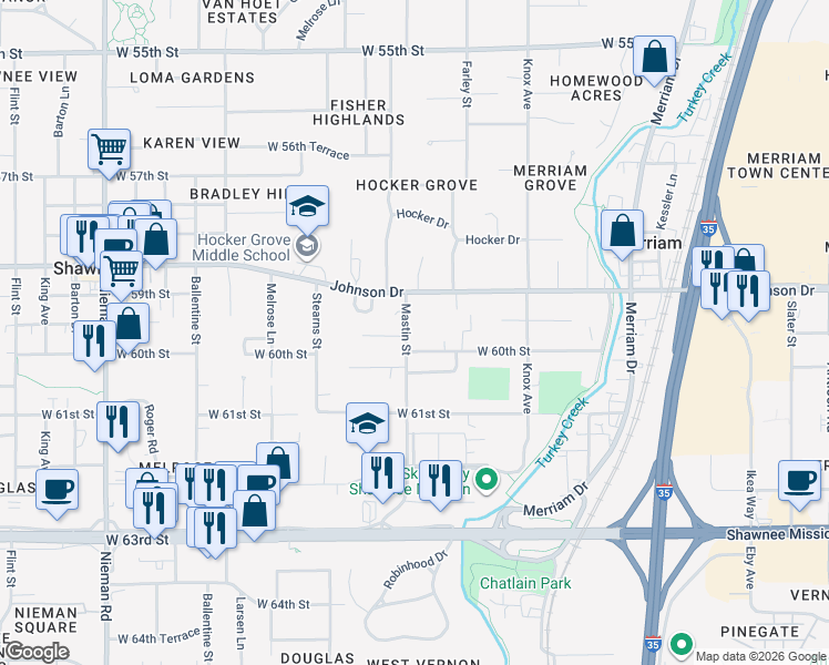 map of restaurants, bars, coffee shops, grocery stores, and more near 5929 Mastin Street in Shawnee