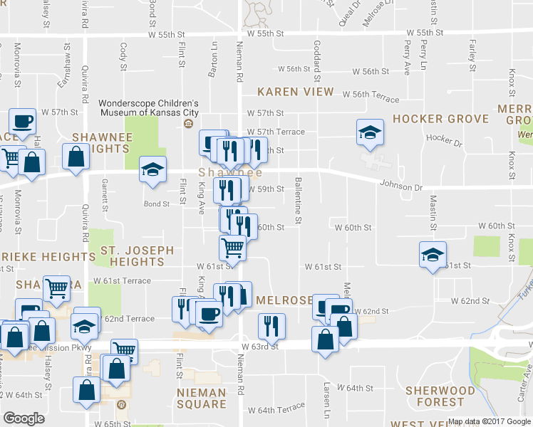 map of restaurants, bars, coffee shops, grocery stores, and more near 10907 West 59th Terrace in Shawnee