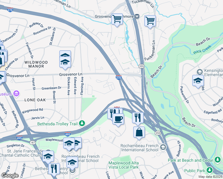 map of restaurants, bars, coffee shops, grocery stores, and more near 10003 Laureate Way in Bethesda