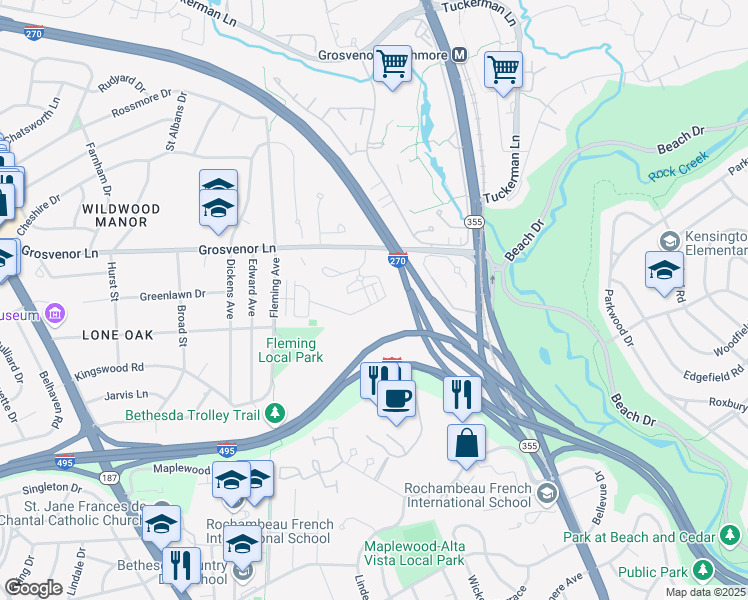 map of restaurants, bars, coffee shops, grocery stores, and more near 10003 Laureate Way in Bethesda