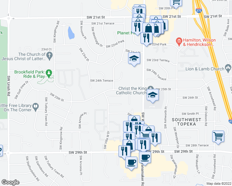 map of restaurants, bars, coffee shops, grocery stores, and more near 6114 Southwest 26th Street in Topeka