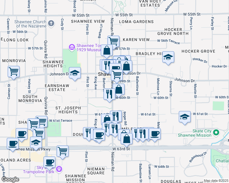 map of restaurants, bars, coffee shops, grocery stores, and more near 5931 Nieman Road in Shawnee