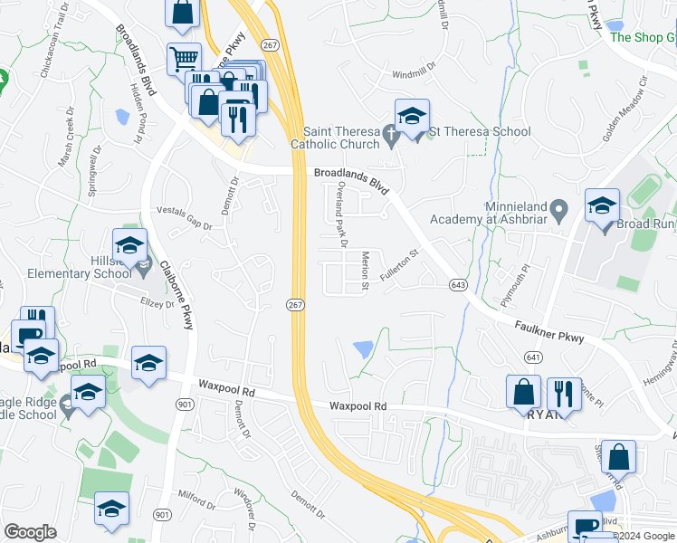 map of restaurants, bars, coffee shops, grocery stores, and more near 21527 Overland Park Drive in Ashburn