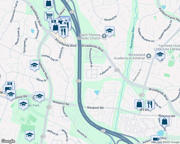 map of restaurants, bars, coffee shops, grocery stores, and more near 21527 Overland Park Drive in Ashburn