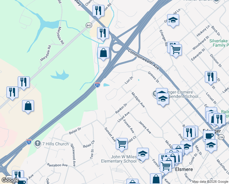 map of restaurants, bars, coffee shops, grocery stores, and more near 3904 Lori Drive in Erlanger