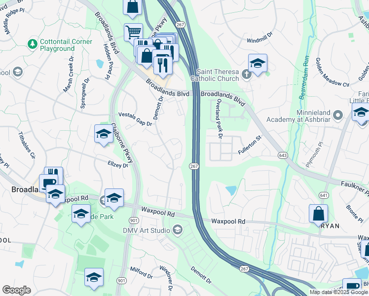 map of restaurants, bars, coffee shops, grocery stores, and more near 21564 Iredell Terrace in Broadlands