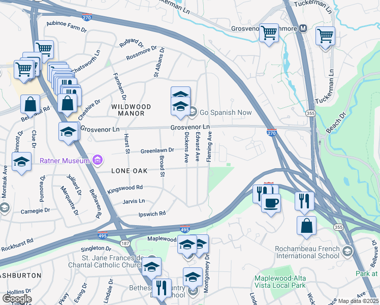 map of restaurants, bars, coffee shops, grocery stores, and more near 10011 Dickens Avenue in Bethesda