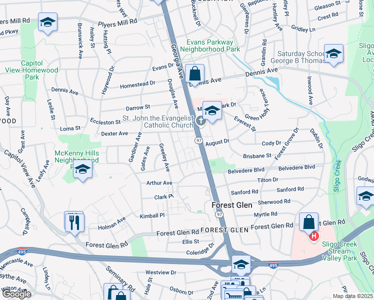 map of restaurants, bars, coffee shops, grocery stores, and more near 2112 Dexter Avenue in Silver Spring