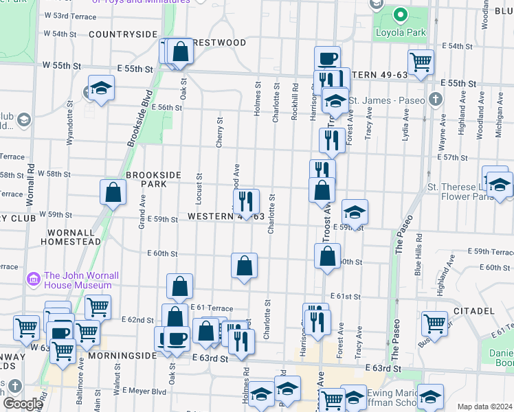 map of restaurants, bars, coffee shops, grocery stores, and more near 5821 Holmes Street in Kansas City