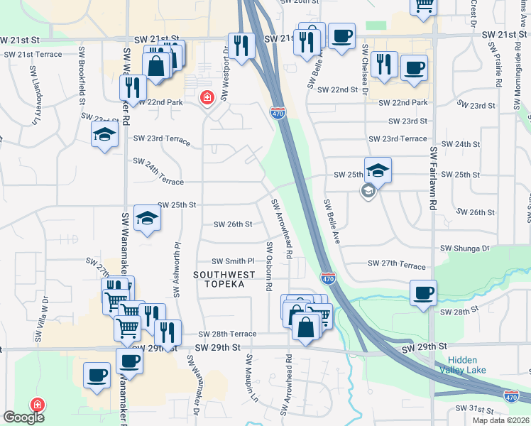 map of restaurants, bars, coffee shops, grocery stores, and more near 2512 Southwest Osborn Road in Topeka