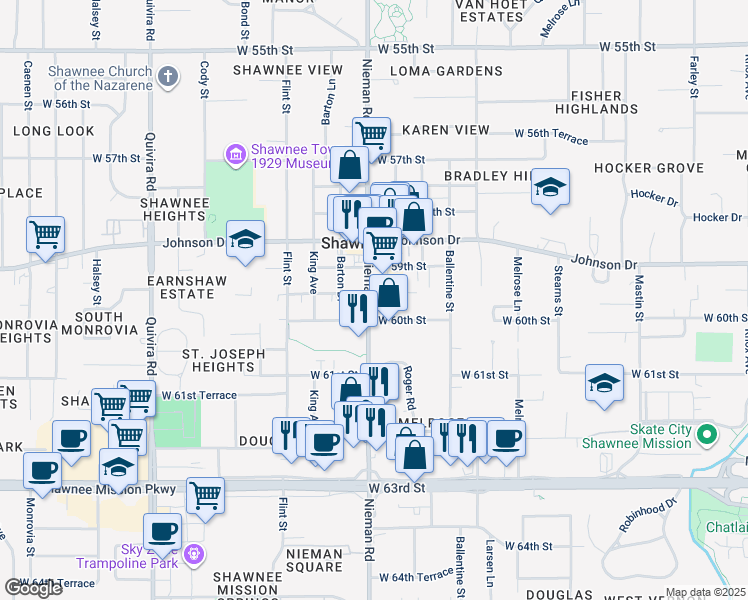 map of restaurants, bars, coffee shops, grocery stores, and more near 5931 Nieman Road in Shawnee