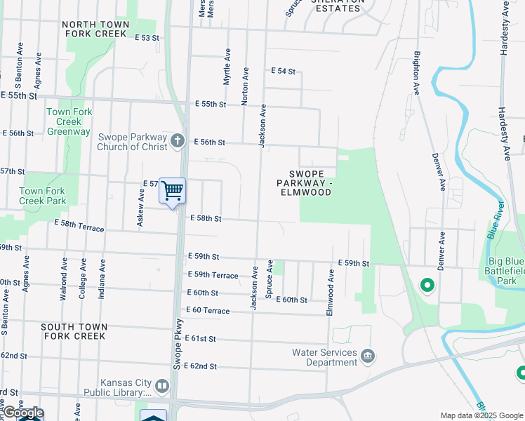 map of restaurants, bars, coffee shops, grocery stores, and more near 5733 Jackson Avenue in Kansas City