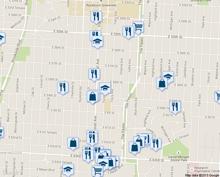 map of restaurants, bars, coffee shops, grocery stores, and more near 5814 Tracy Avenue in Kansas City